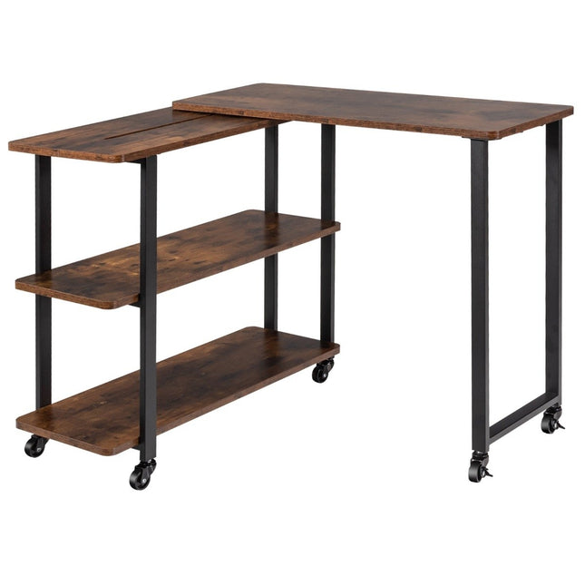 L-shaped side table with wheels & 2 shelves 360° rotating sofa table Rustic brown