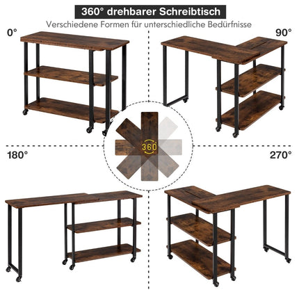 L-shaped side table with wheels & 2 shelves 360° rotating sofa table Rustic brown