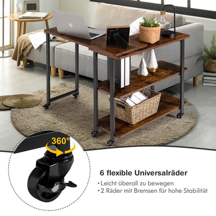 L-shaped side table with wheels & 2 shelves 360° rotating sofa table Rustic brown