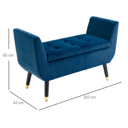 Blue upholstered storage bench, armrests, velvet finish