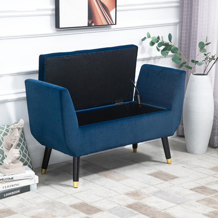 Blue upholstered storage bench, armrests, velvet finish