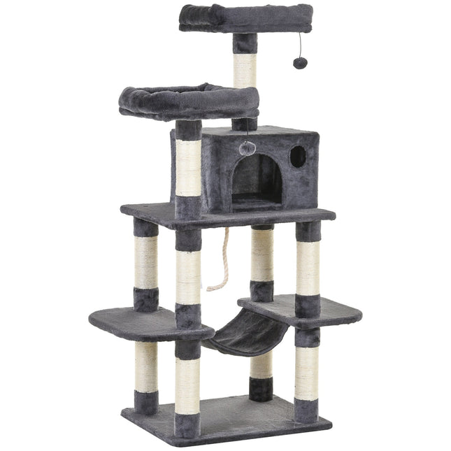 Luxurious cat tree with hammock and house, dark grey, 144cm