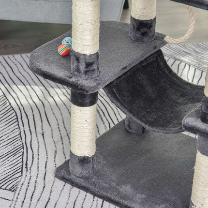 Luxurious cat tree with hammock and house, dark grey, 144cm