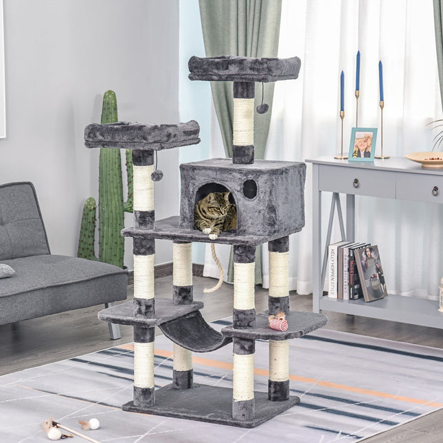 Luxurious cat tree with hammock and house, dark grey, 144cm