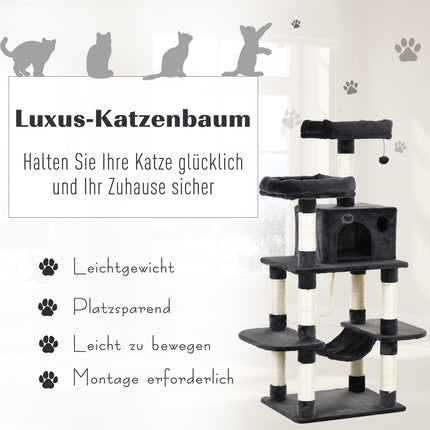 Luxurious cat tree with hammock and house, dark grey, 144cm