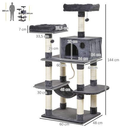 Luxurious cat tree with hammock and house, dark grey, 144cm