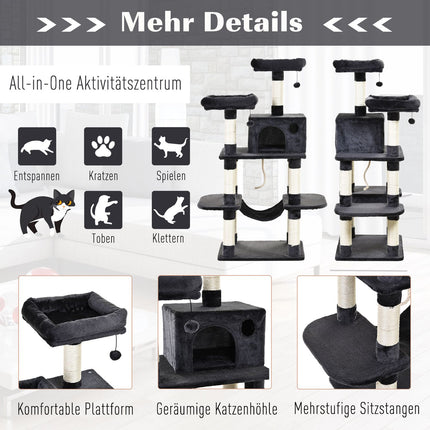 Luxurious cat tree with hammock and house, dark grey, 144cm