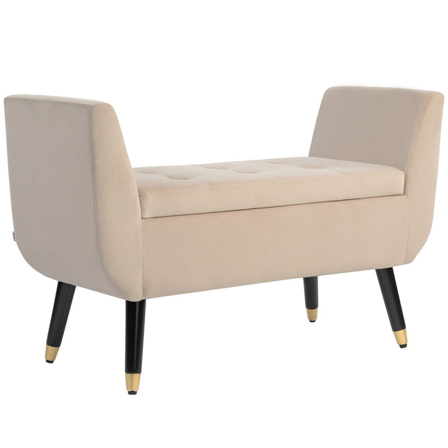Luxe bank gestoffeerde bank met opbergruimte armleuningen borstbank fluweelachtig polyester rubber hout beige 107 x 42 x 65 cm