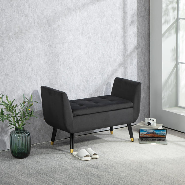 Luxe bank gestoffeerde bank met opbergruimte armleuningen borstbank fluweelachtig polyester rubber hout donkergrijs 107 x 42 x 65 cm