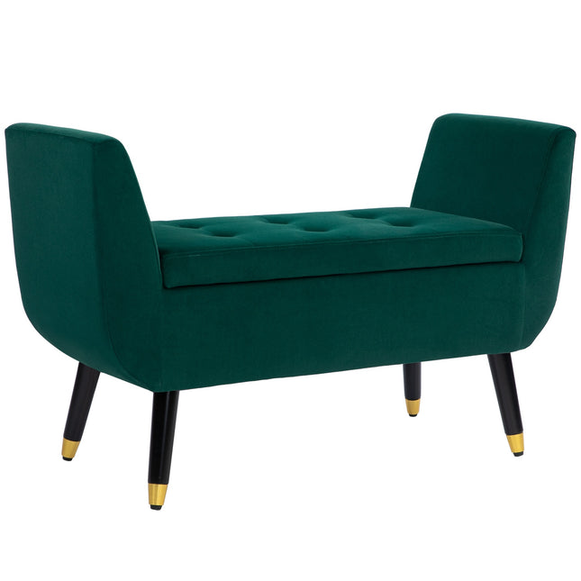 Luxe bank gestoffeerde bank met opbergruimte armleuningen borstbank fluweelachtig polyester rubber hout groen 107 x 42 x 65 cm