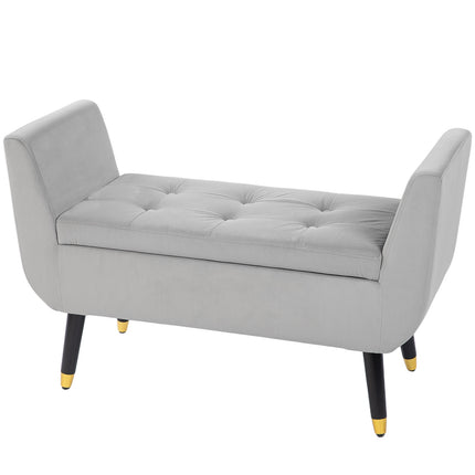 Luxuriously upholstered storage bench, armrests, light grey