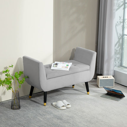 Luxuriously upholstered storage bench, armrests, light grey
