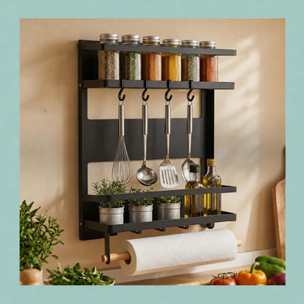 Magnetic Black Iron Spice Rack with Roll Holder and Hooks