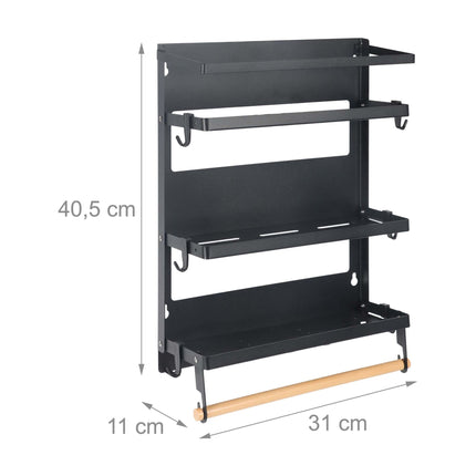 Magnetic Black Iron Spice Rack with Roll Holder and Hooks