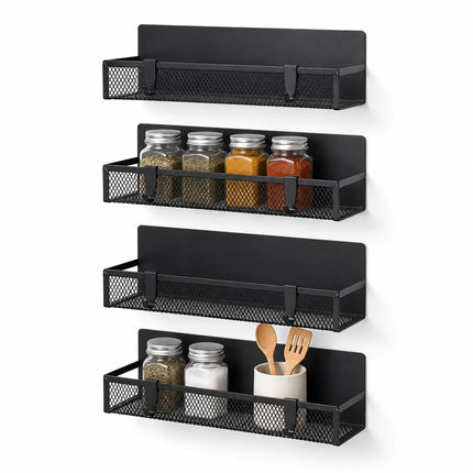 Magnetic Black Metal Spice Rack Set, 4 Shelves with Hooks
