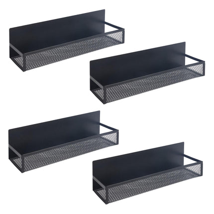 Magnetic Black Metal Spice Rack Set, 4 Shelves with Hooks
