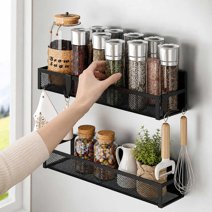 Magnetic Black Metal Spice Rack Set, 4 Shelves with Hooks
