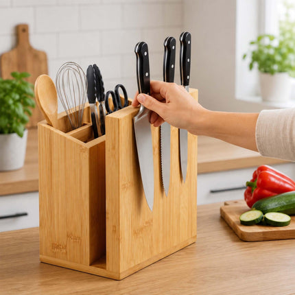 Magnetic Knife Block with Utensil Holder, Bamboo, Natural