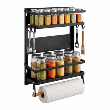 Magnetic Spice Rack with Roll Holder and Hooks – Black Iron
