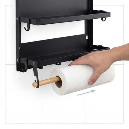 Magnetic Spice Rack with Roll Holder and Hooks – Black Iron