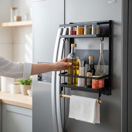 Magnetic Spice Rack with Roll Holder and Hooks – Black Iron