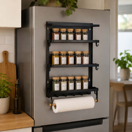 Magnetic Spice Rack with Roll Holder and Hooks – Black Iron