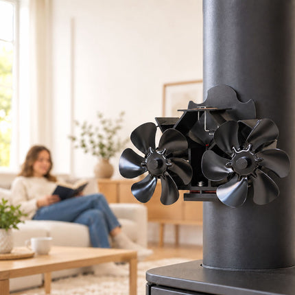 Magnetic Stove Pipe Fan with Twin Motor and 12 Blades, Black, Incl. Hose Clamp