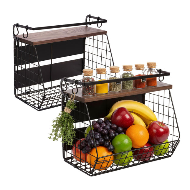 Magnetic Wall Fruit Basket Shelf, 2 Pcs with Hooks