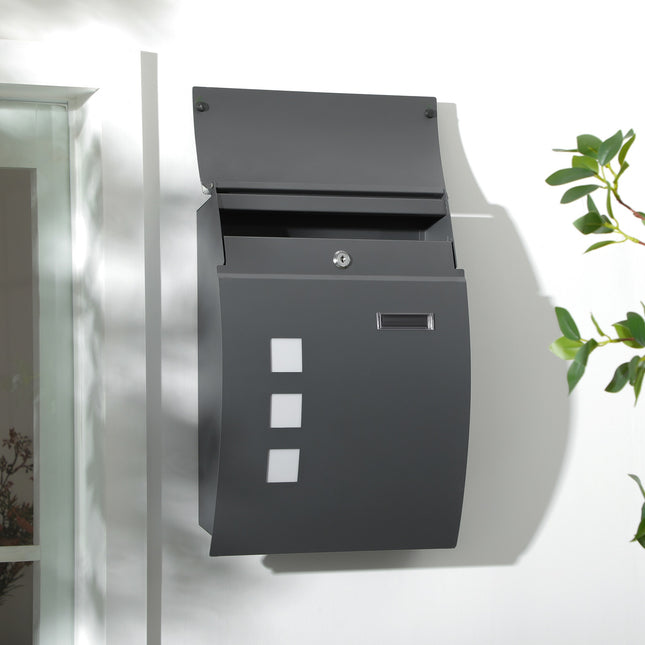 Locking wall mailbox with lid, viewing window - dark grey