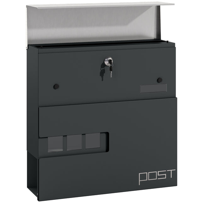 Steel wall mailbox with lock & viewing window, dark grey