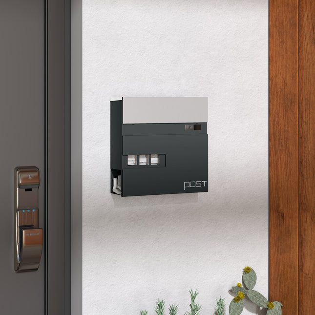 Steel wall mailbox with lock & viewing window, dark grey