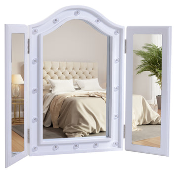 Makeup Mirror with 16 LEDs, Foldable, Battery-Powered, White