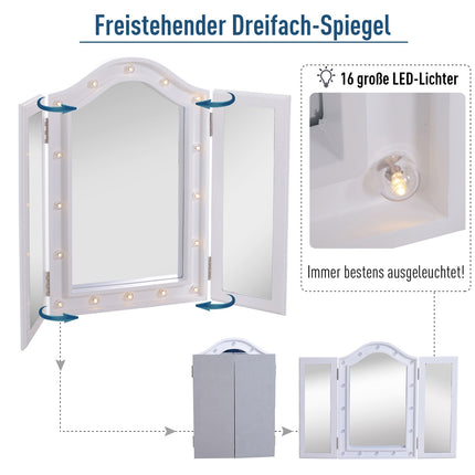Makeup Mirror with 16 LEDs, Foldable, Battery-Powered, White