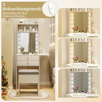 Makeup Vanity Table With Lighted Mirror, Stool, USB, White