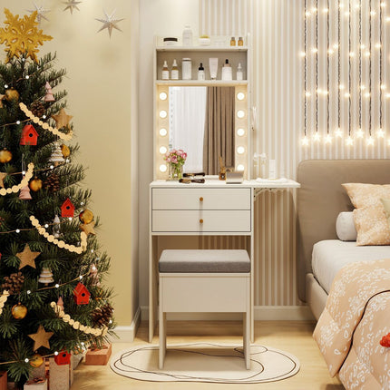Makeup Vanity Table With Lighted Mirror, Stool, USB, White