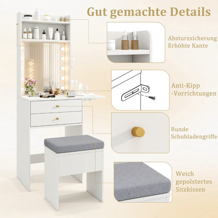 Makeup Vanity Table With Lighted Mirror, Stool, USB, White