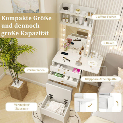 Makeup Vanity Table With Lighted Mirror, Stool, USB, White