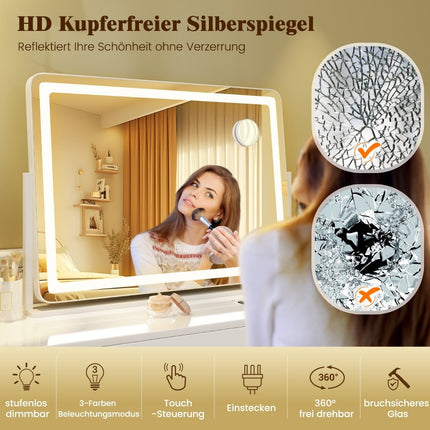 Makeup mirror with lighting, large cosmetic mirror with 10X magnification, white