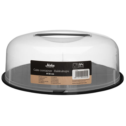 Maku Cake Dome 32 cm with Tall Clear Lid and Cake Plate, Black, Dishwasher Safe