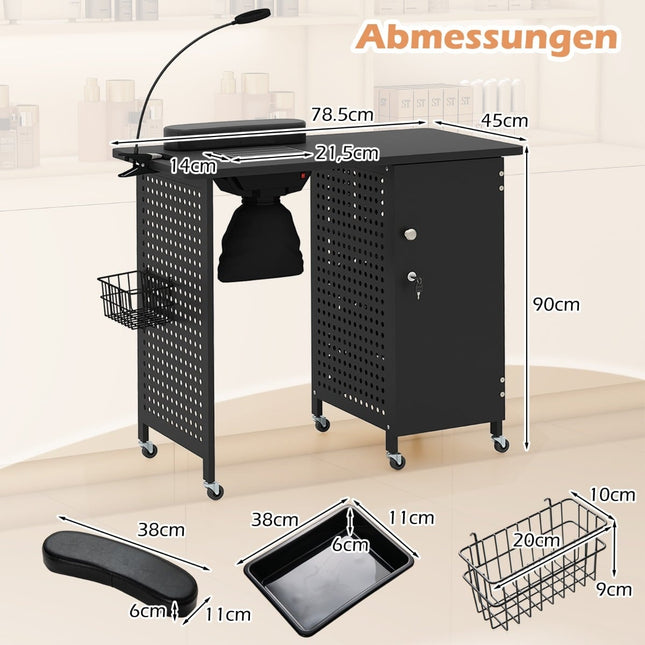 Manicure Table with Wheels, Lockable Storage & Fan