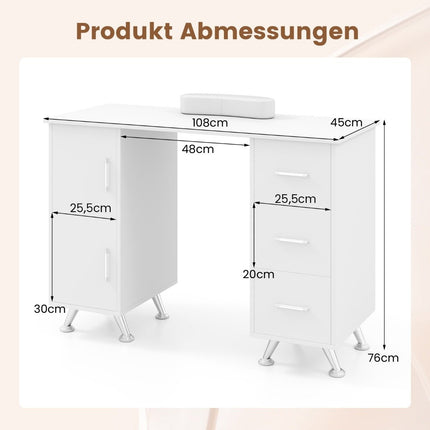 Manicure table with drawers cabinets &amp; Wrist rest manicure table white