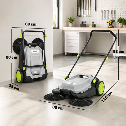 Manual Floor Sweeper, 68cm Width, 24L Bin, Adjustable Handle
