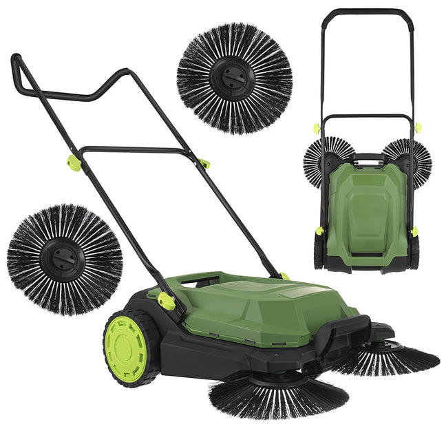 Manual Leaf Sweeper, 68cm Width, 24L Container, 3 Brushes
