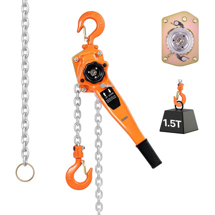 Manual Lever Chain Hoist 1.5T, 6m G80 Chain, Dual Pawl Brake