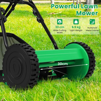 Manual Reel Lawn Mower, 30cm Cut, 18.5L Catcher