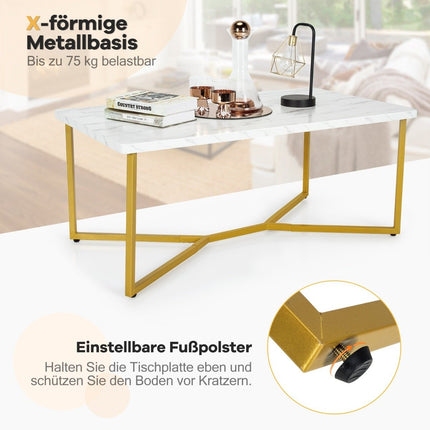 Marble Coffee Table with Gold Metal Base, Adjustable Feet