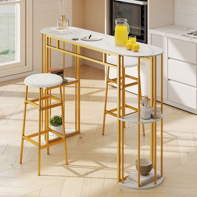 Marble-Look Bar Table, 150cm, Gold Frame, 4 Shelves