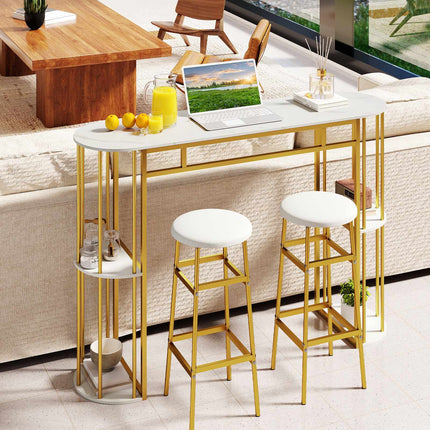 Marble-Look Bar Table, 150cm, Gold Frame, 4 Shelves