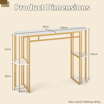 Marble-Look Bar Table, 150cm, Gold Frame, 4 Shelves