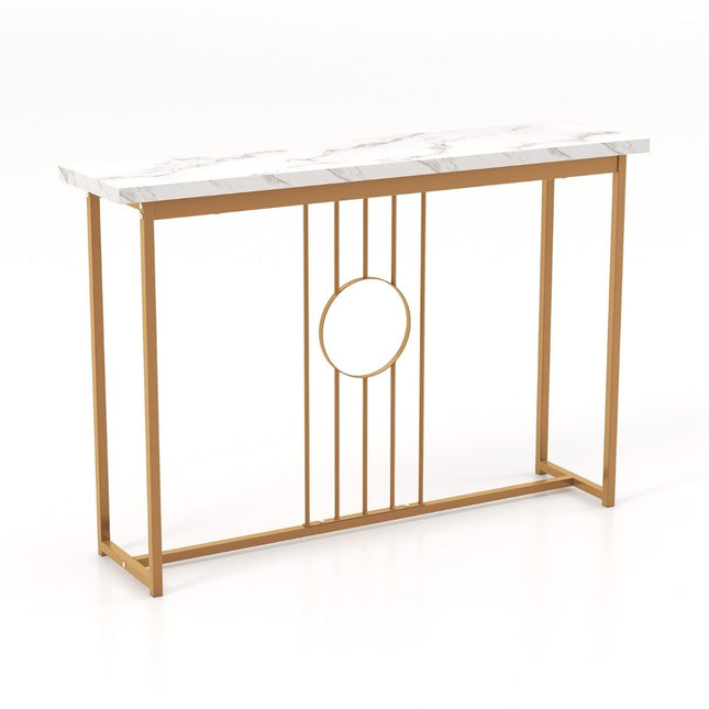 Marble look console table with metal frame & adjustable foot pads. Narrow side table